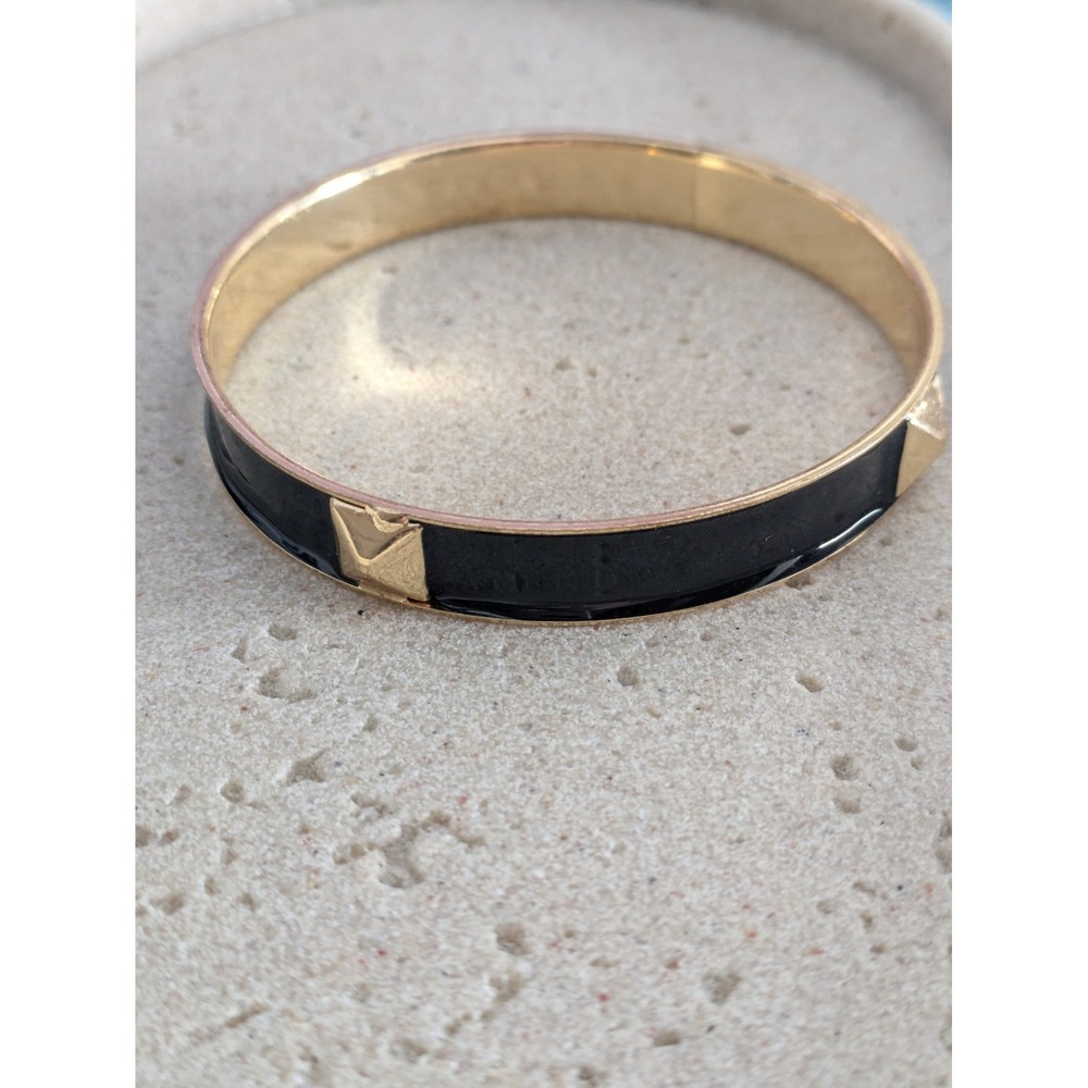 Gold Tone Bangle Bracelet Black Enamel Pyramid Stud Glam Couture Layering